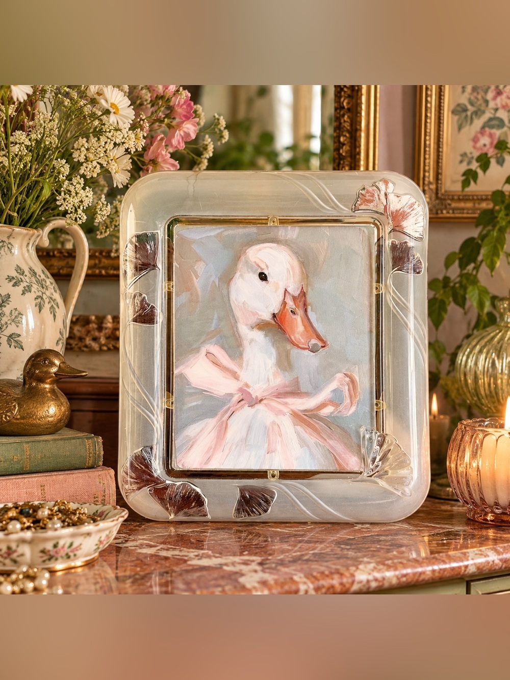 Vintage Glass Duck Ballerina Cottagecore Art Ginkgo Leaf Picture Frame 12x14”